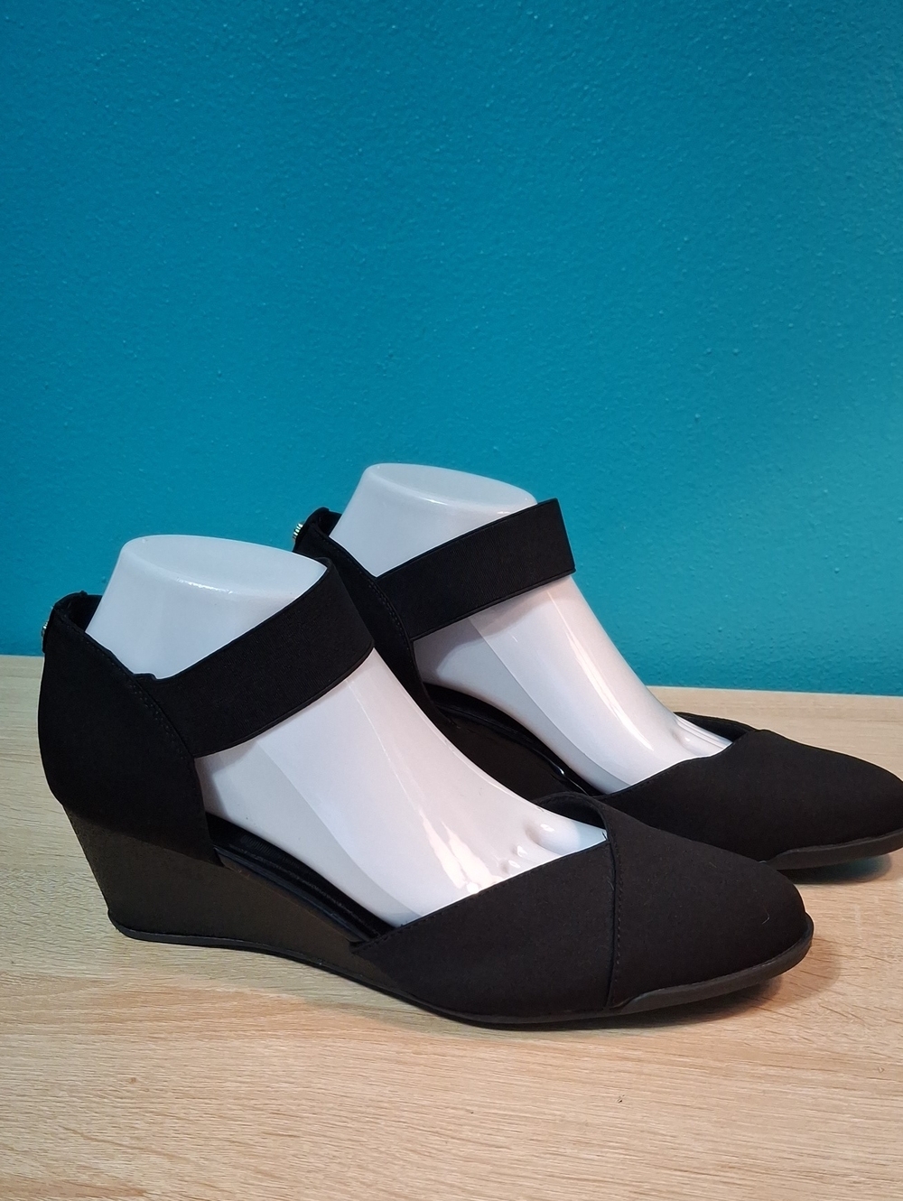 Anne Klein TRILLION Black Wedge with Ankle Strap
